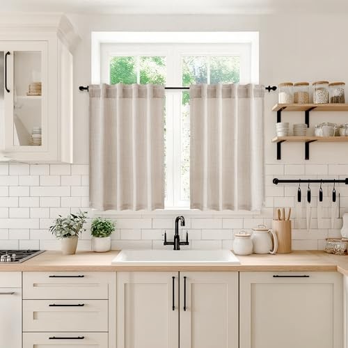 Textured Small Kitchen Window Curtains Over 30″W x 36″L (Pack of 2) Linen