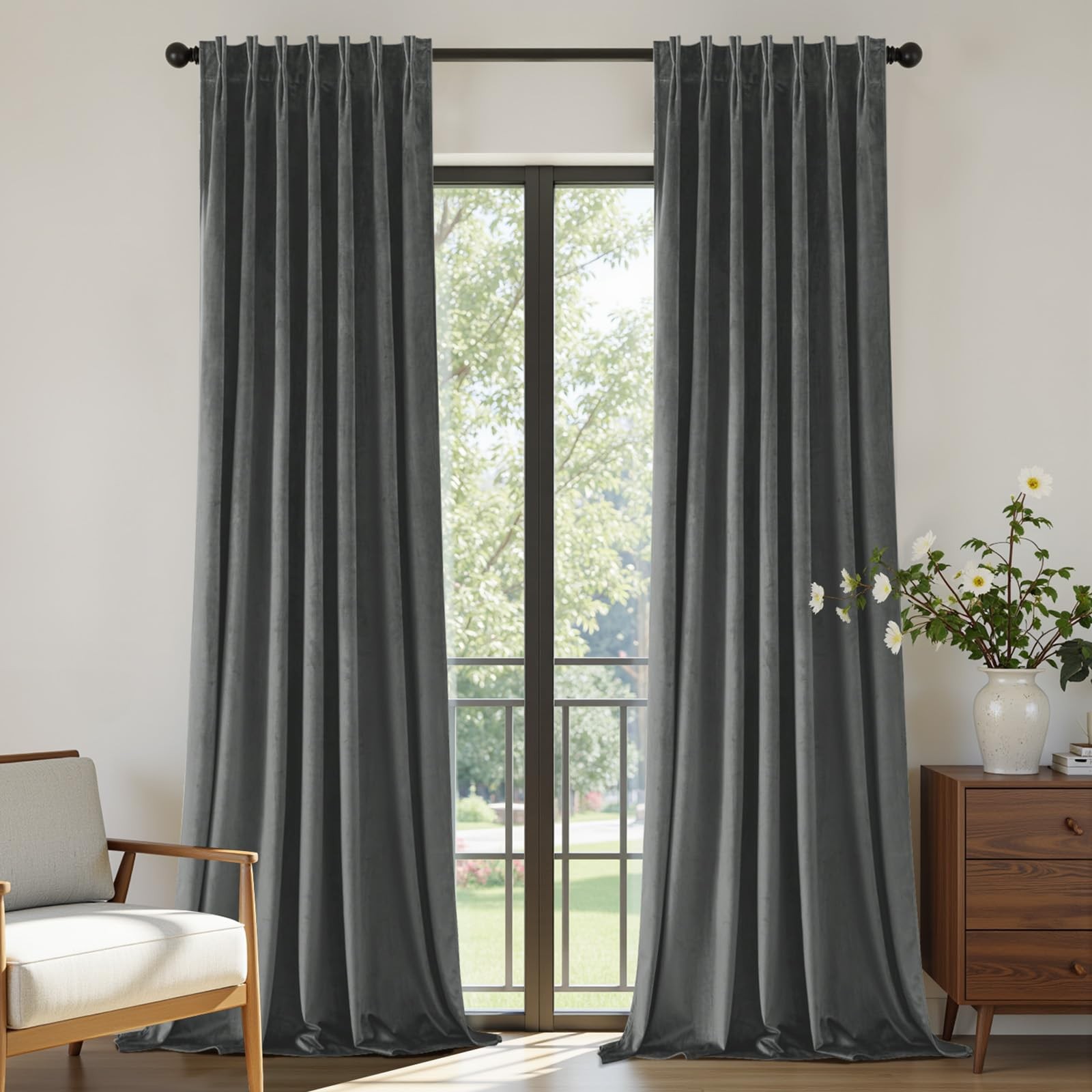 Luxury Grey Velvet Blackout Curtains 96″ Long, 2 Panel Set, Thermal Insulated
