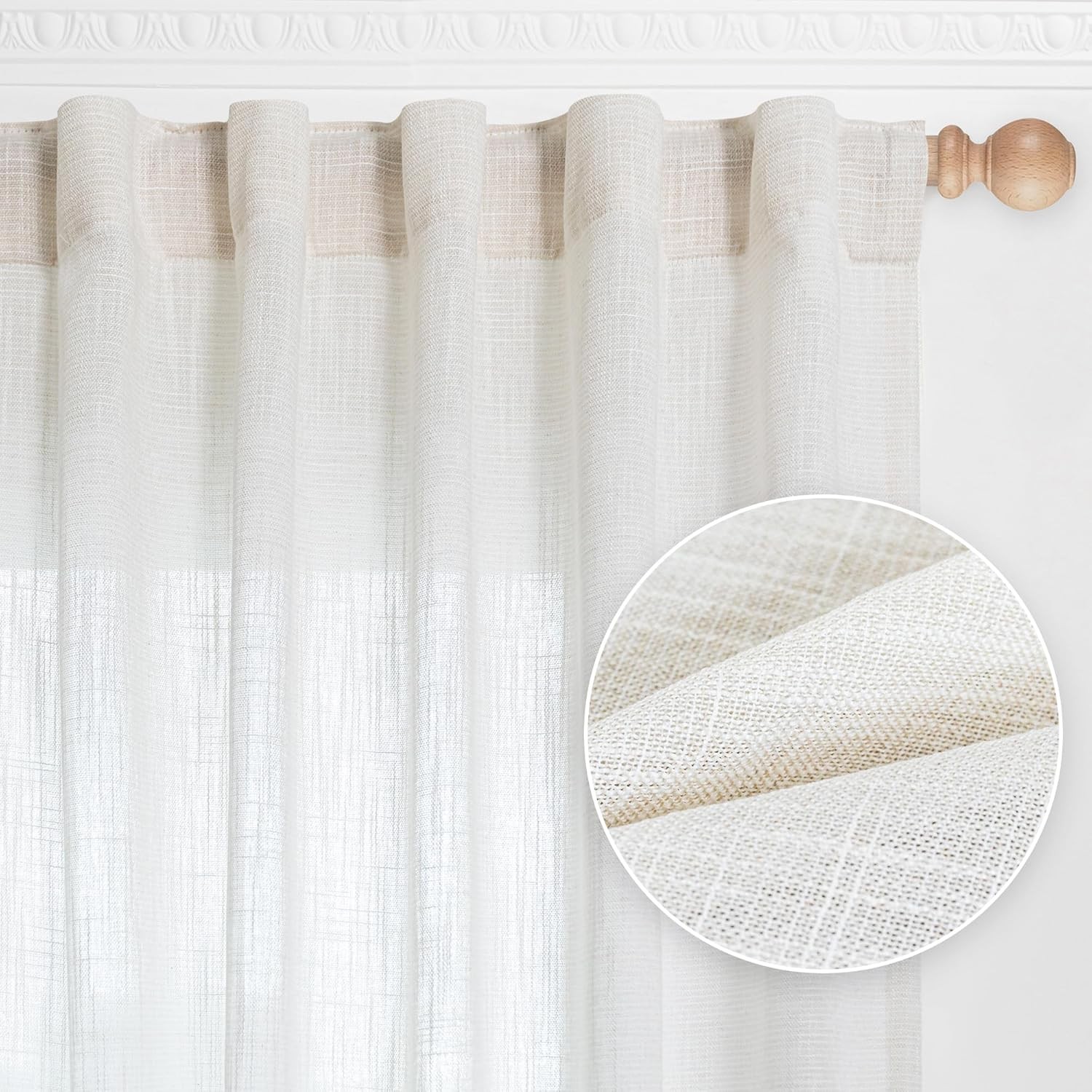 White curtains, semi-transparent soft cotton, with a buckle design at the back.