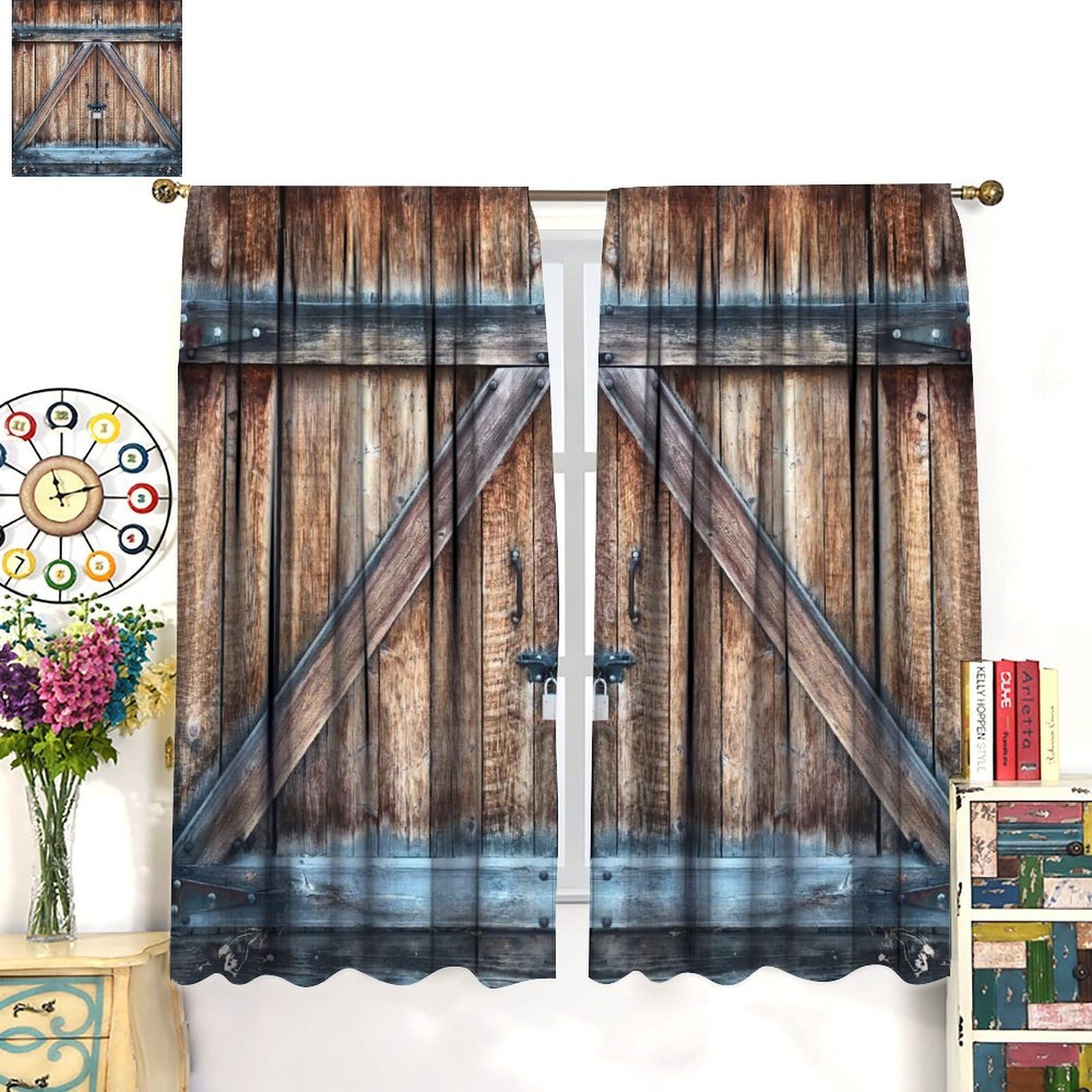 Rustic Country Kitchen Curtains Retro Farmhouse Vintage Barn Door Wooden Board P