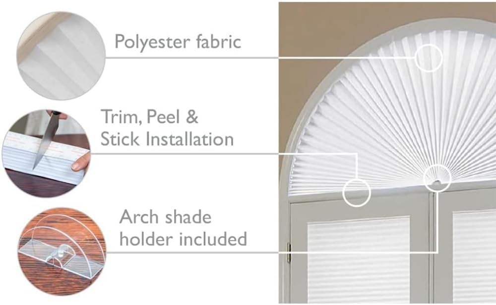 No Tools Arch Light Blocking Pleated Fabric Shade White, 72″ W x 36″ H