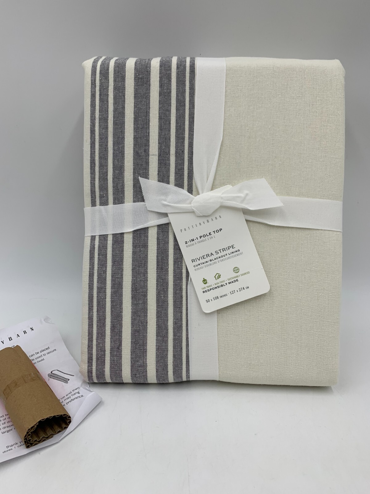 Pottery Barn Riviera Striped Drape Panel Curtain Blackout 108″ Charcoal #Q117