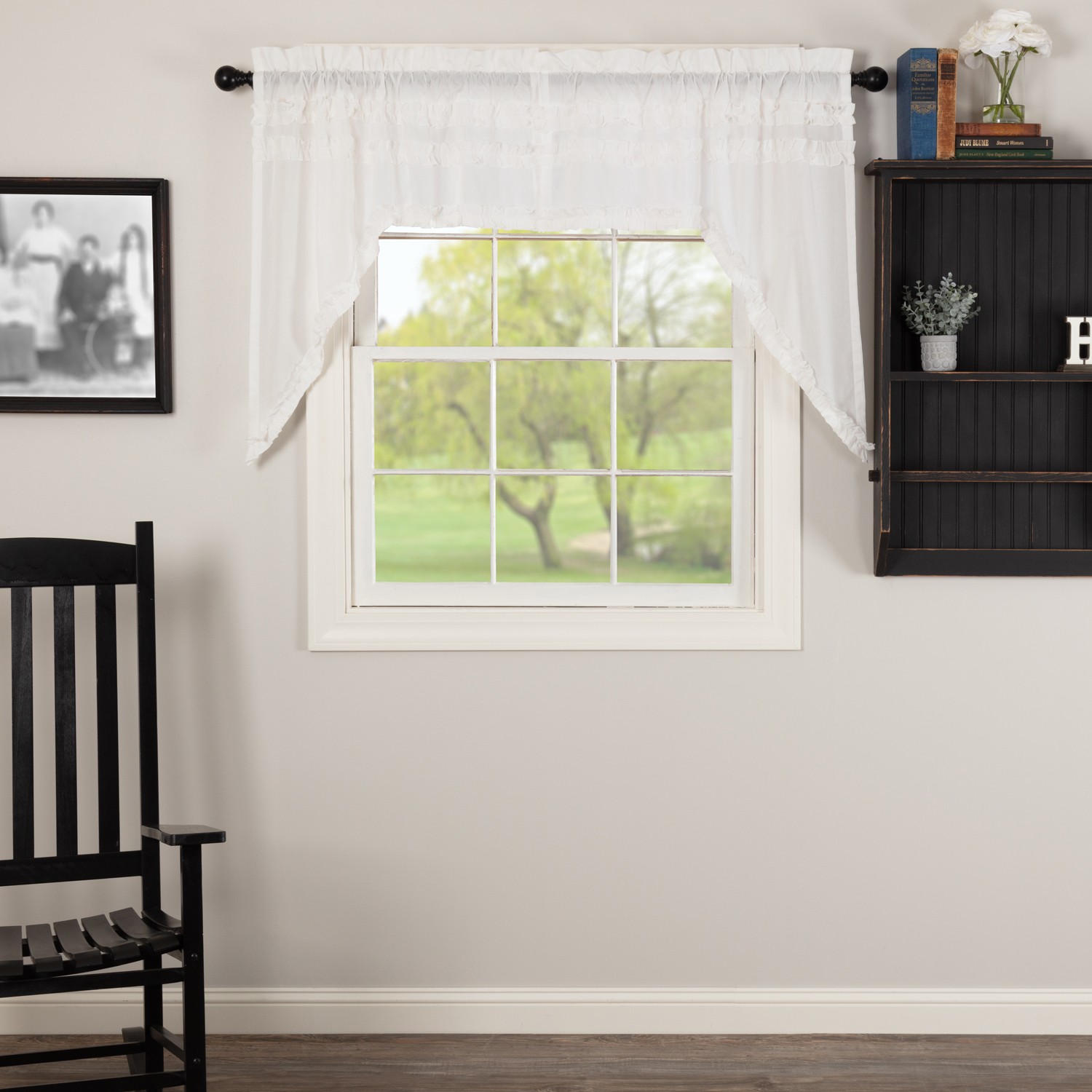 Farmhouse Swag Pair White Rod Pocket Ruched Kitchen Window Curtains VHC Brands