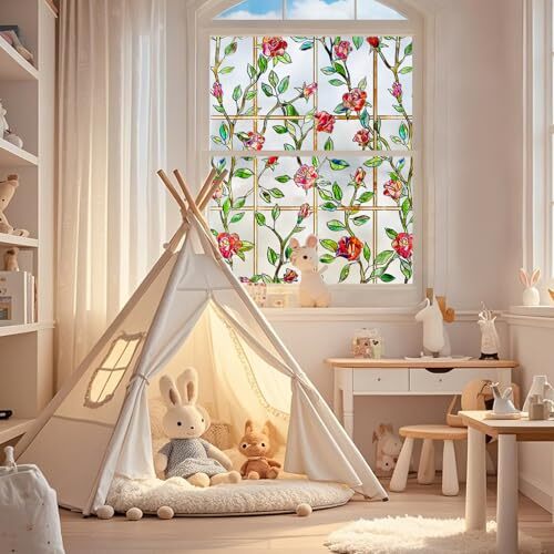 Stained Glass Window Privacy Film:3D Rose Bathroom 16.9 x 39.4IN Red