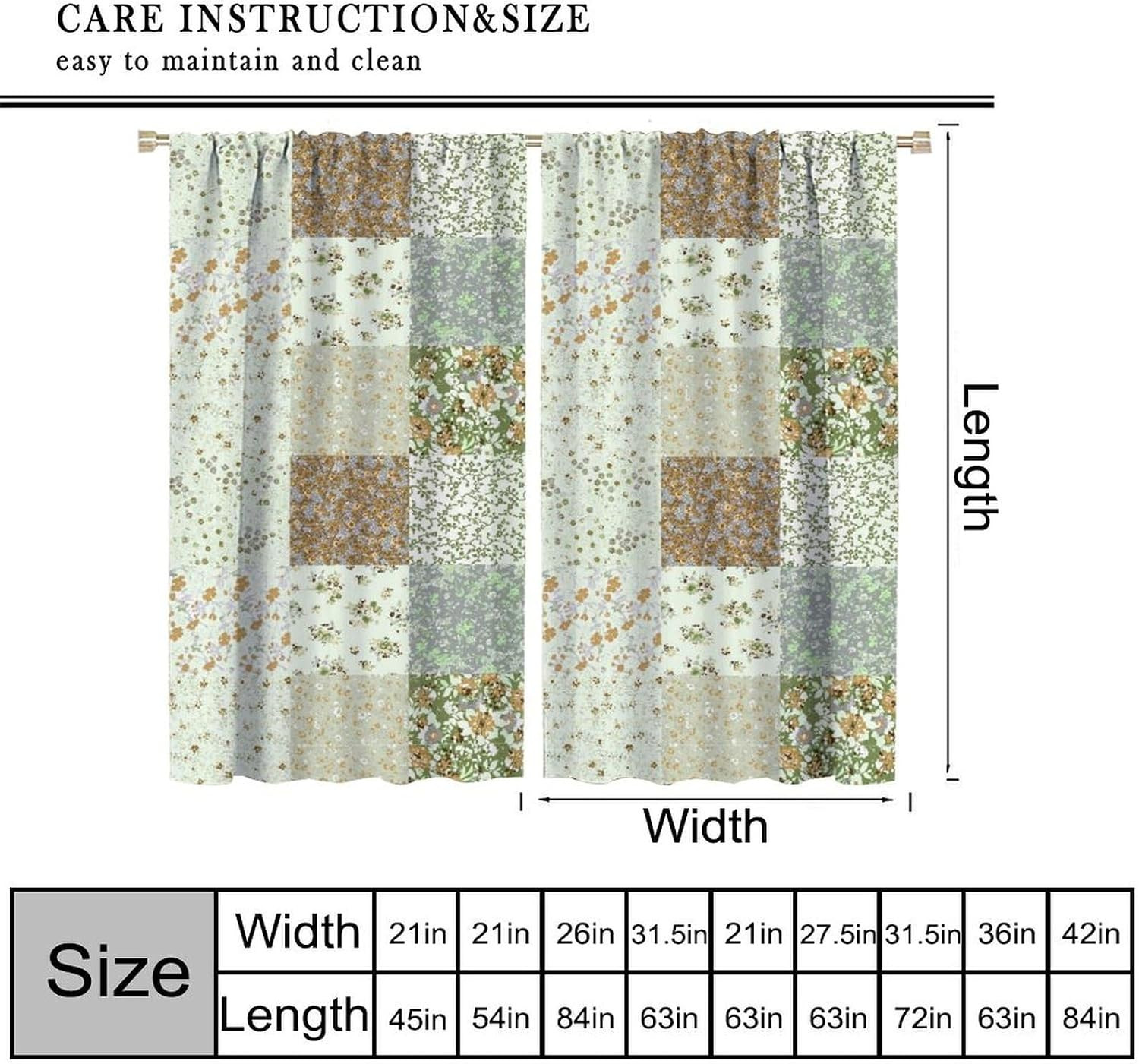 Boho Floral Patchwork Curtains, Green Farmhouse Patchwork Quilted Country Check