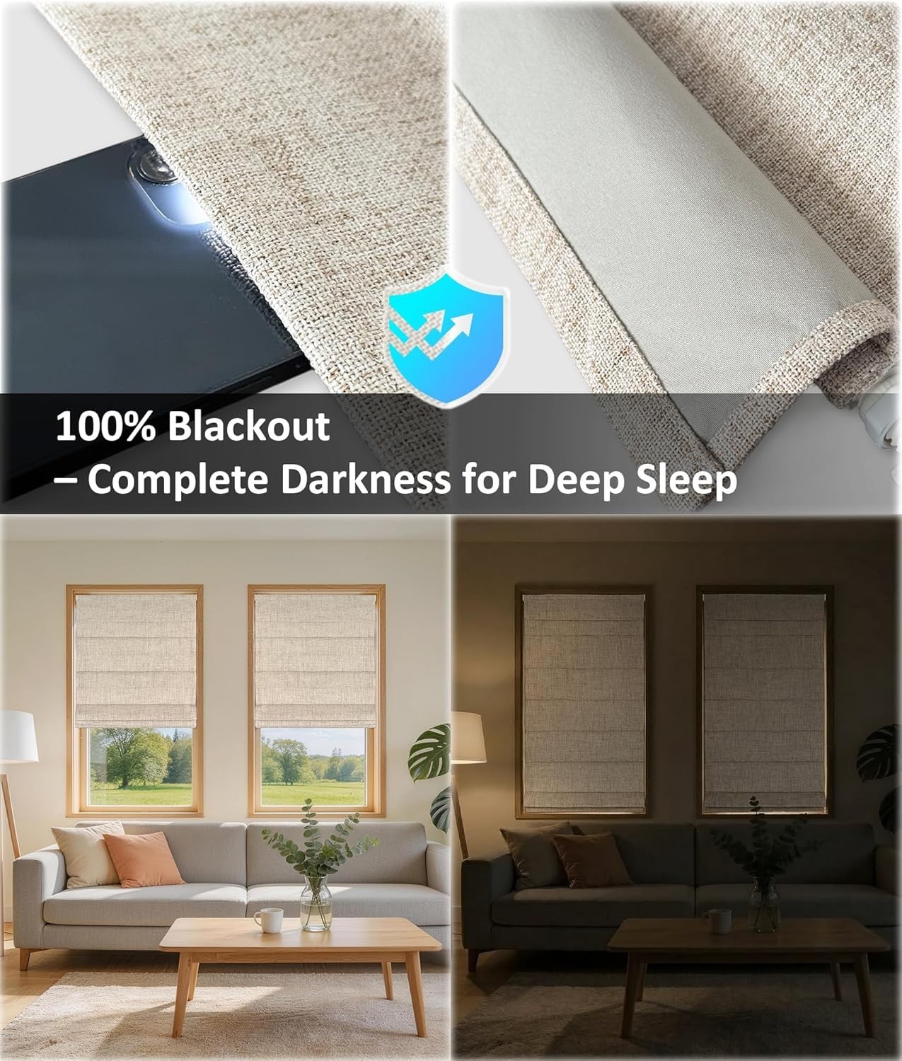 EINZUFUF No Drill Roman Shades, Blackout 39″ W x 64″ H, Beige inside mount only