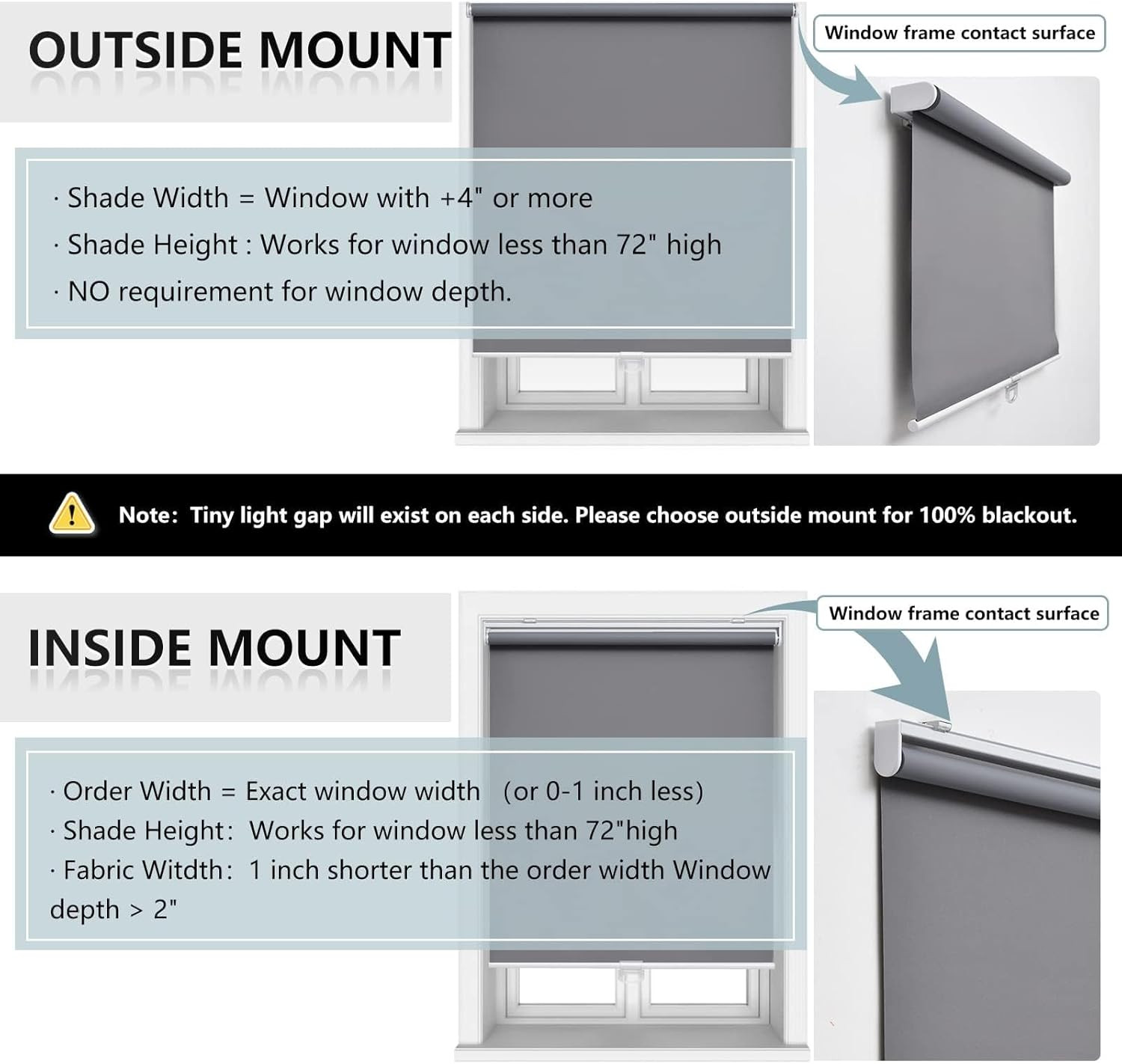 Cordless Blackout Roller Shades – UV Protection, Grey, 33.5″ W X 72″ H