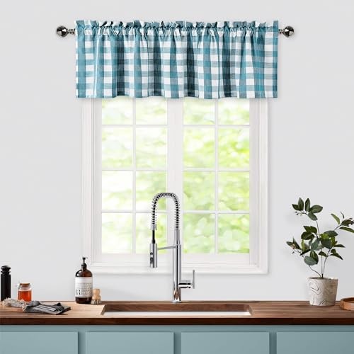 Teal Dark Blue Buffalo Check Valance for Kitchen, Plaid Gingham Teal/White