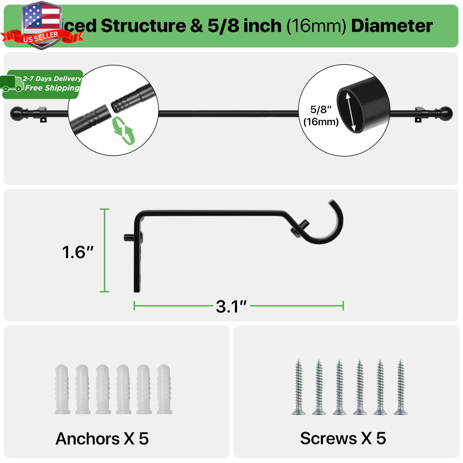 Curtain Rods for Windows 28 to 48 Inch, 5/8 Inch Black Curtain Rod Set with Brac