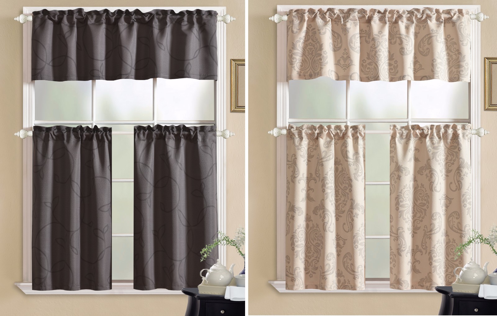 Aiking Home Jacquard Printed 3PC Kitchen Curtain Set ( 1-Valance, 2-Tiers)