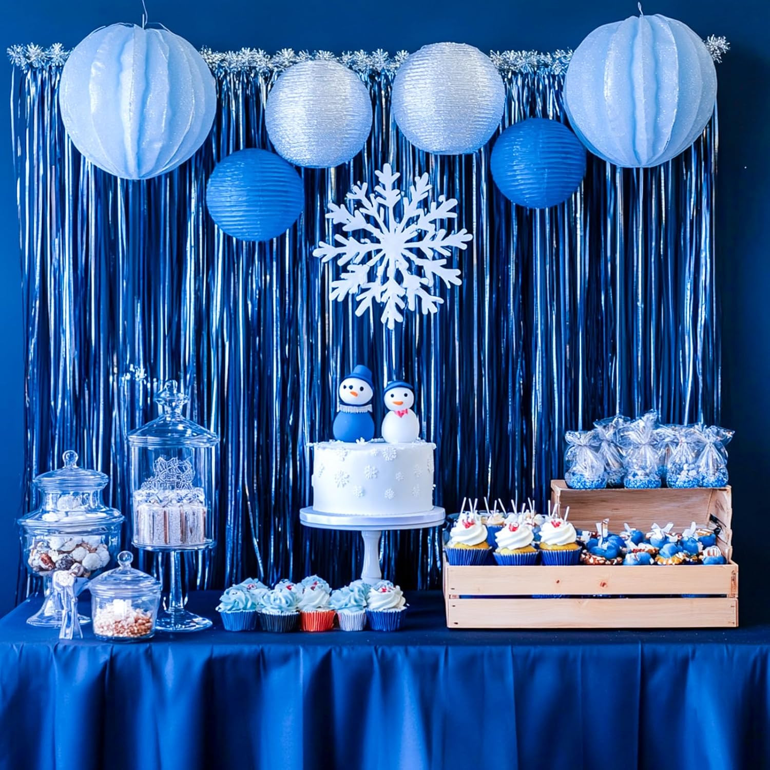Dark Blue Streamers Fringe Backdrop 3Pcs Navy Blue Foil Fringe Curtain 8.2FT Tin