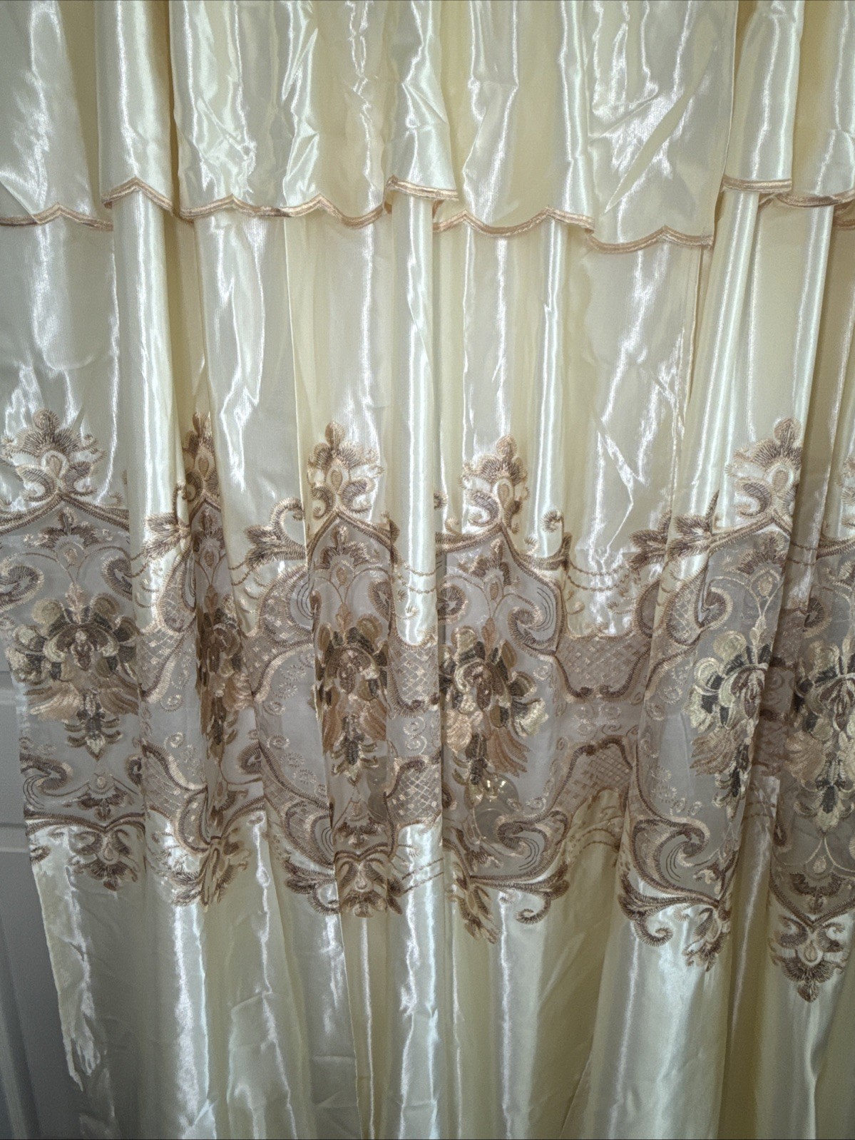 Drapes 2 Panels Beige w/ Attached Valance, Shimmer Satin, Sheer Lace 54 X 87”