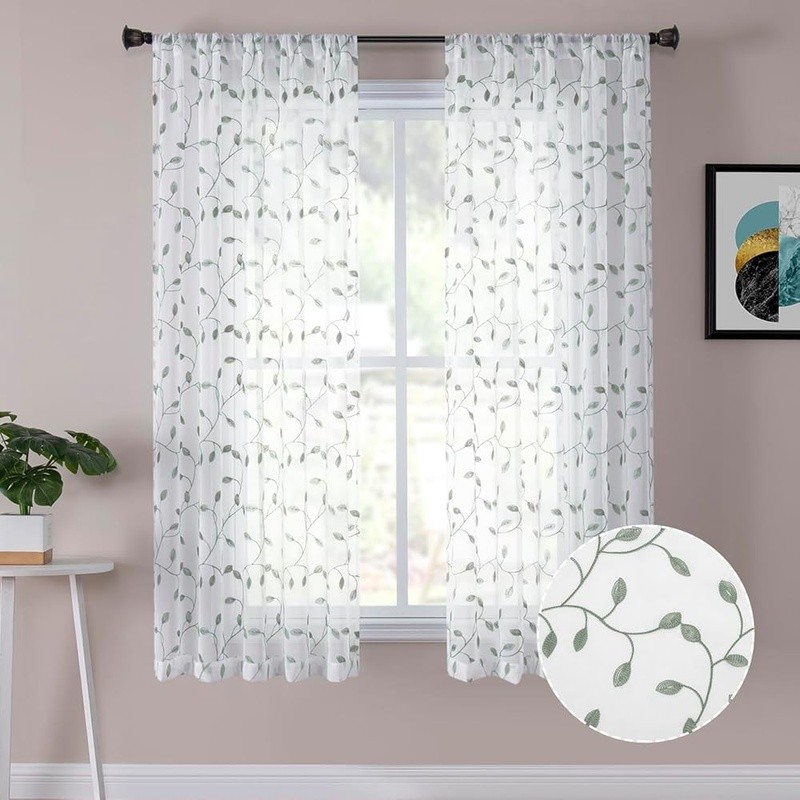 Faux Linen Sheer Embroidered Curtains Light Filtering Drapes Panel Set New
