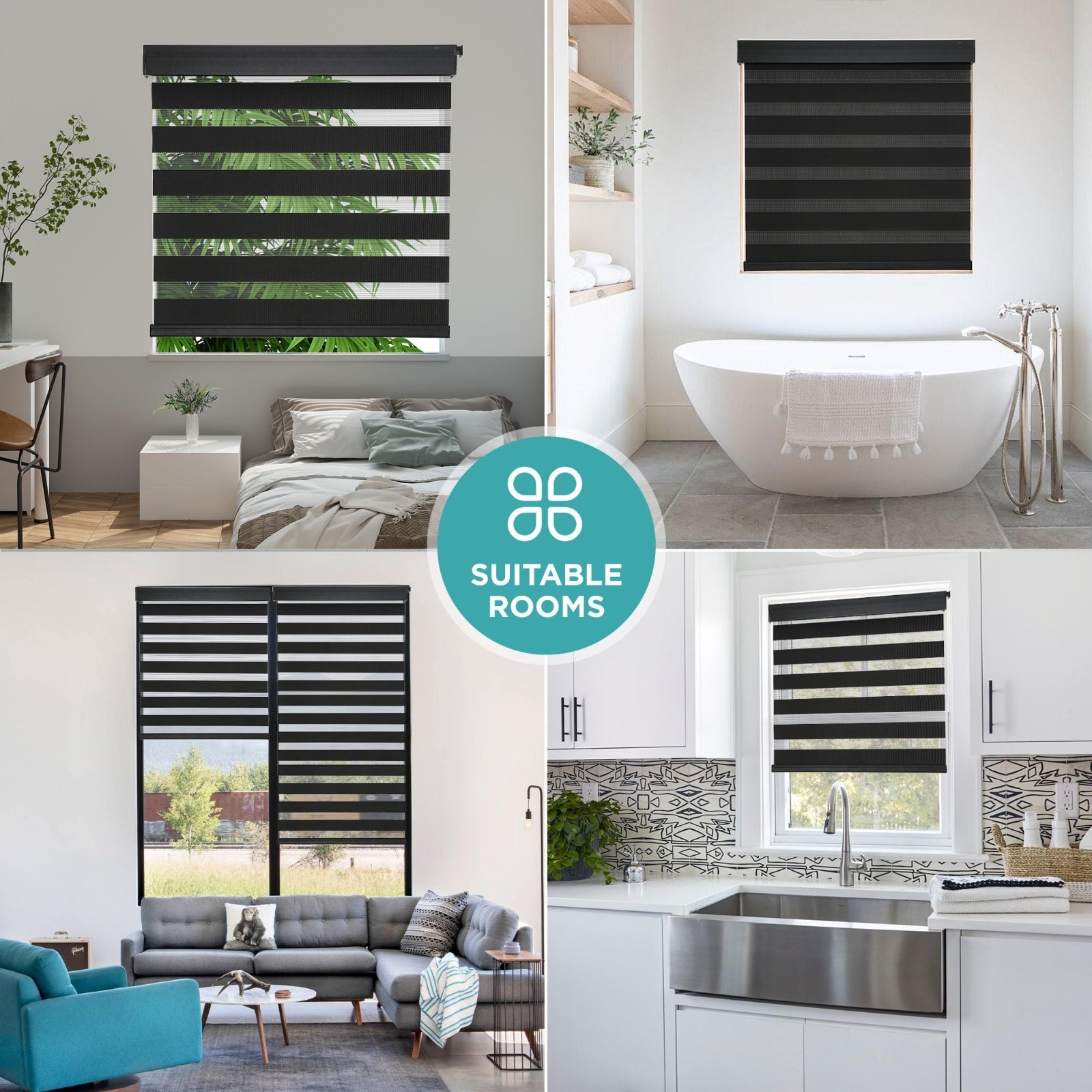 Joydeco No Drill Zebra Blinds 35×75 Black Cordless Day Night Roller Shade