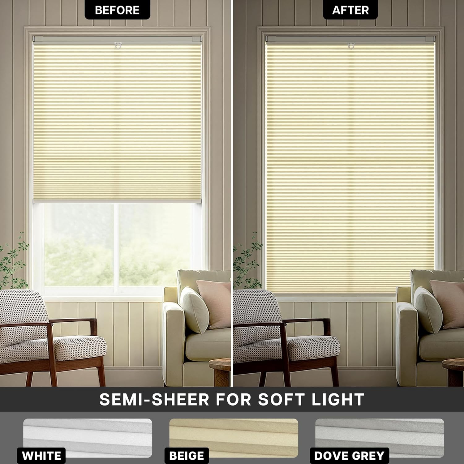 Top Down Bottom Up Cellular Shades 38″W x 72″H White Light Filtering