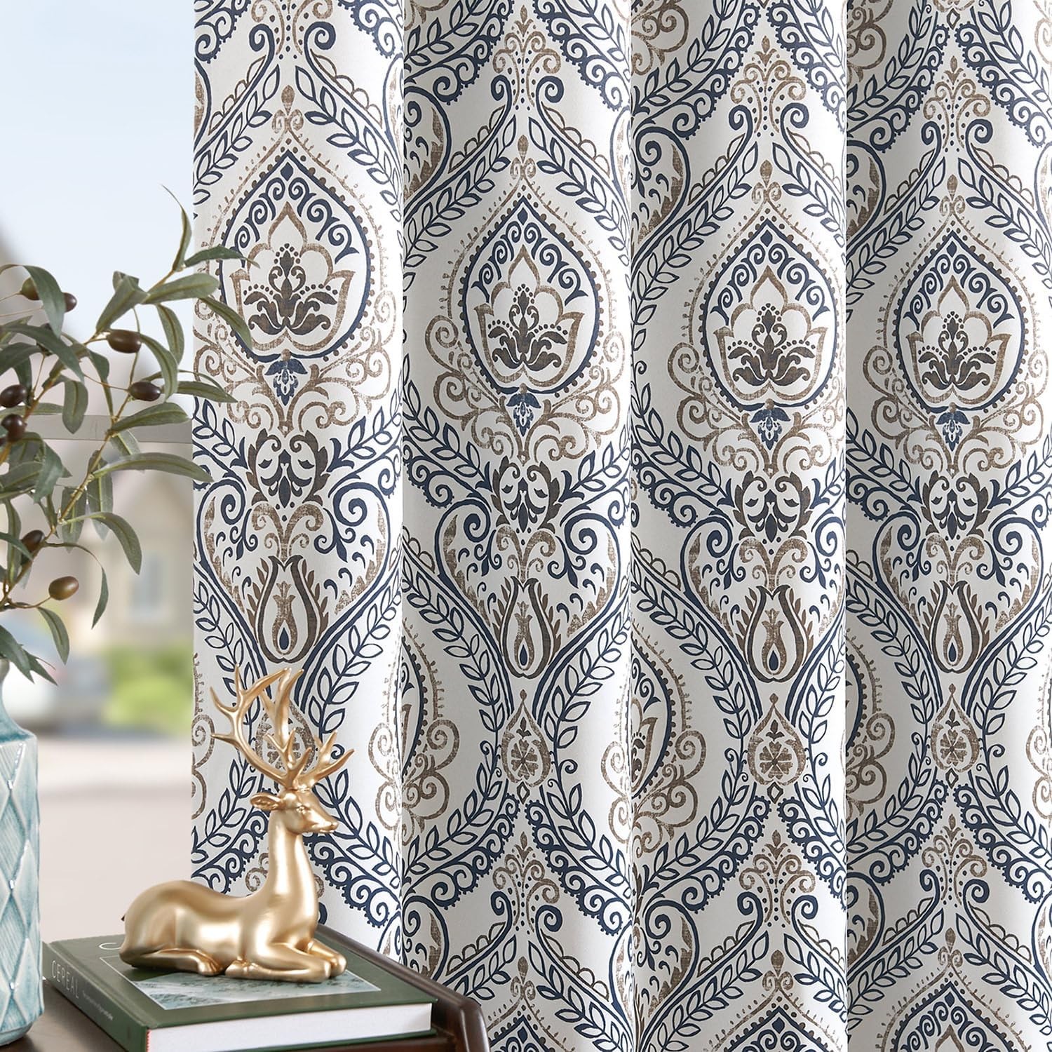 Blue Damask Blackout Curtains 96″ Grommet Thermal Insulated Drapes Set of 2