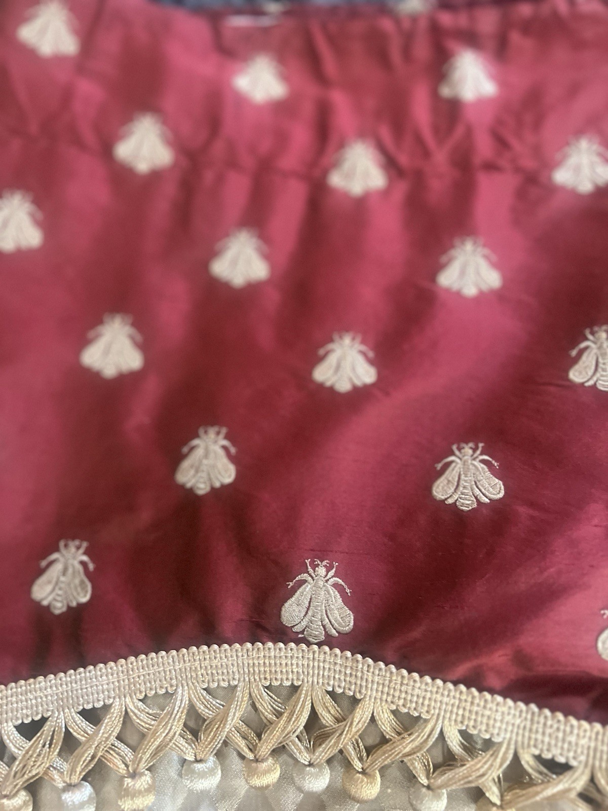 Pair Pure Silk Empire Valances Embroidered Gold Bees Scalloped Fringe 52 X 16