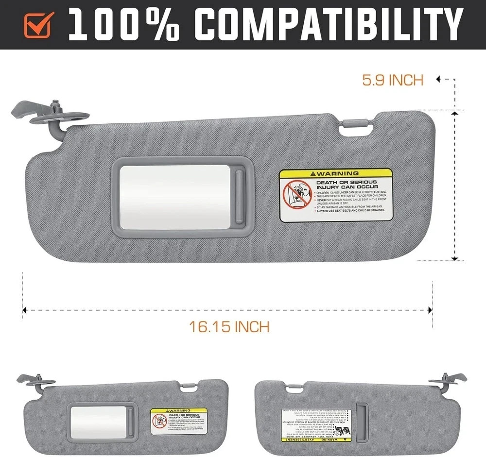 Gray Left Driver and Right Passenger Side Sun Visor, 1 Pair (Left+Right)