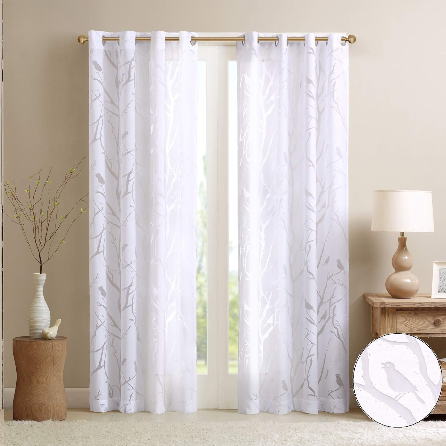 Semi Sheer Single Curtain Modern Contemporary Botanical Print Out Design Grommet