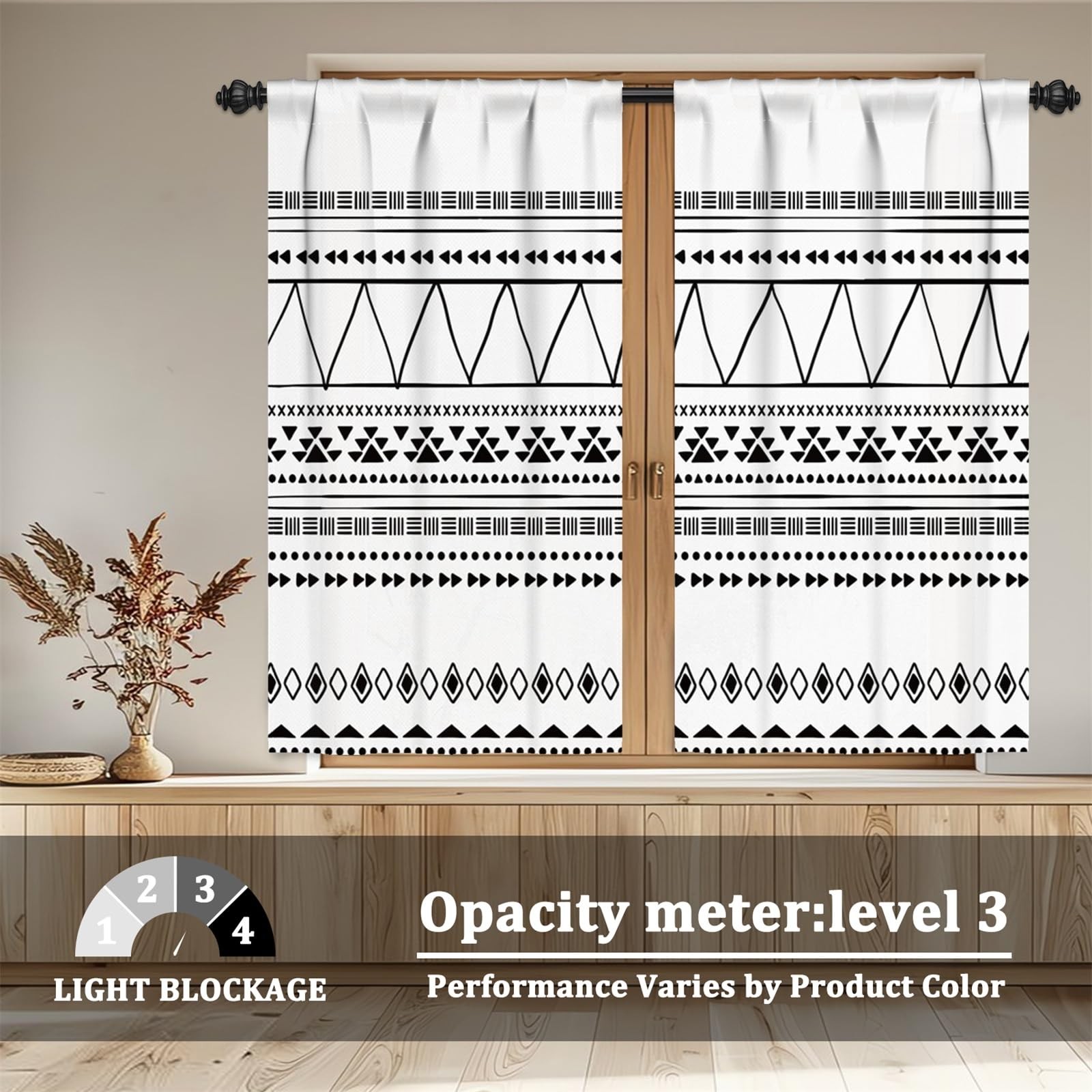 26 x 45 Inch Boho Kitchen Curtains Tier Rod Pocket Linen Fabric Bohemian Geom…