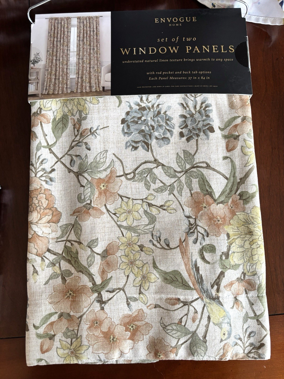 ENVOGUE Window Curtains 2 Panels Beige 37” x 84” Flowers Birds Floral New