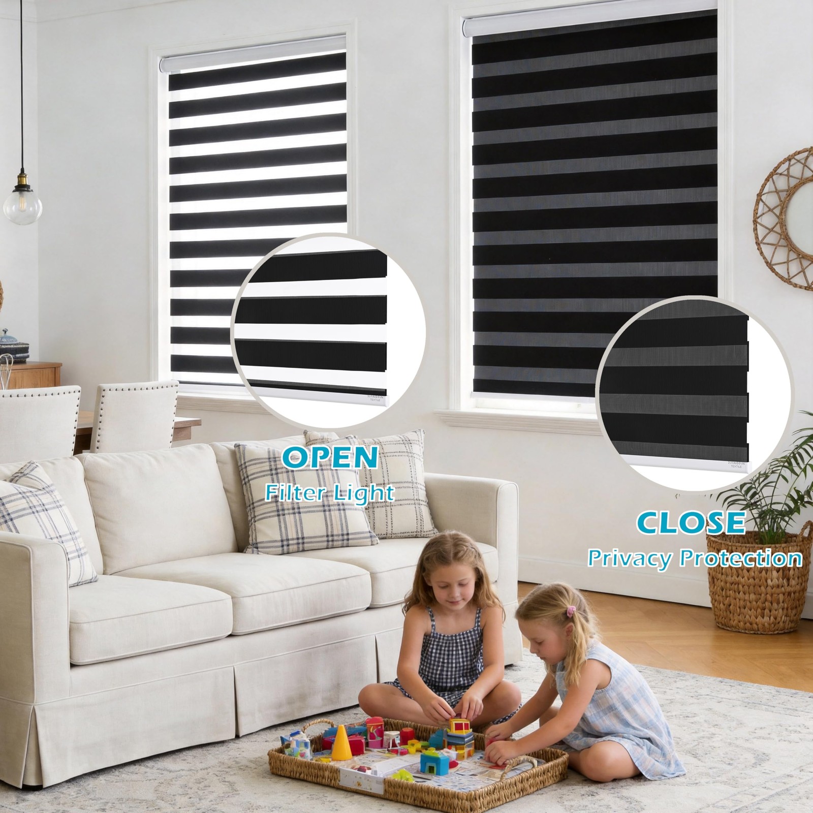 Cordless Zebra Blinds for Windows Free-Stop Zebra Shades Dual Layer Light Fil…