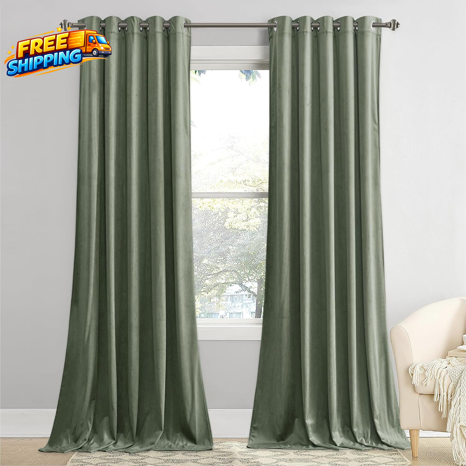 Sage Green Velvet Curtains 96 Inches Super Soft Room Darkening Window Drapes Set