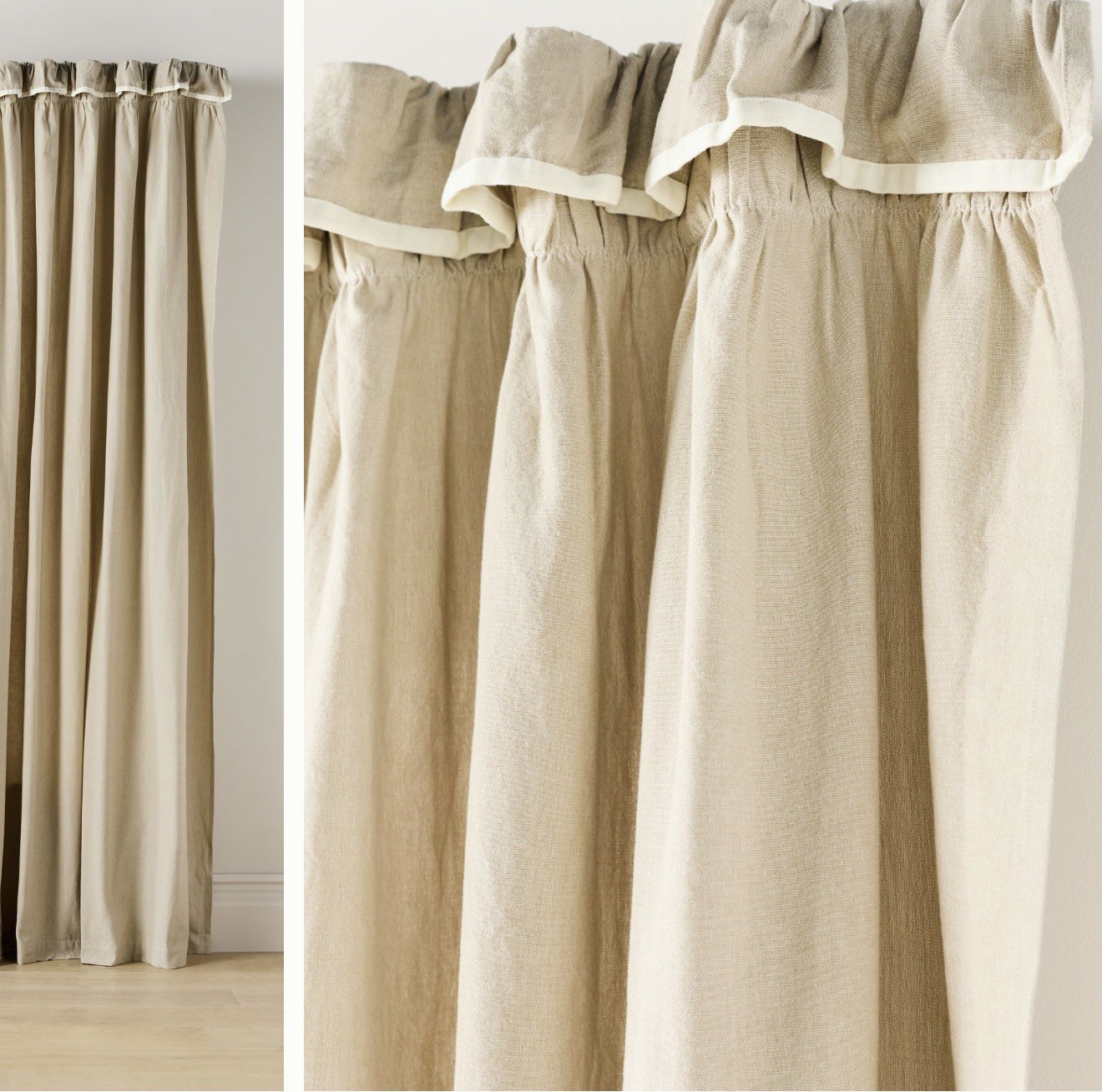 Anthropologie Ruffle Top Curtain Panel Beige Neutral Cotton 96” x 50” Unlined
