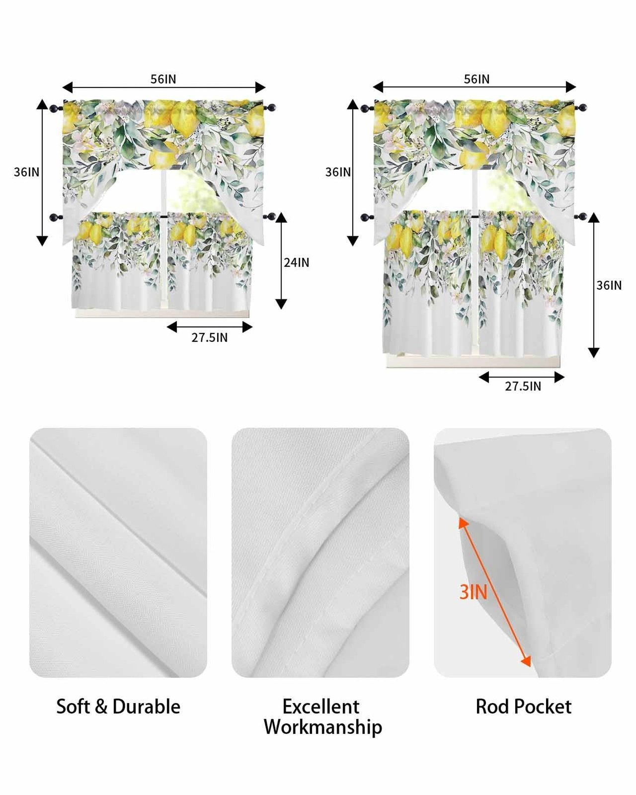 Kitchen Curtains Sets 24 Inch Length with Valance, Lemon Floral Nature Design…