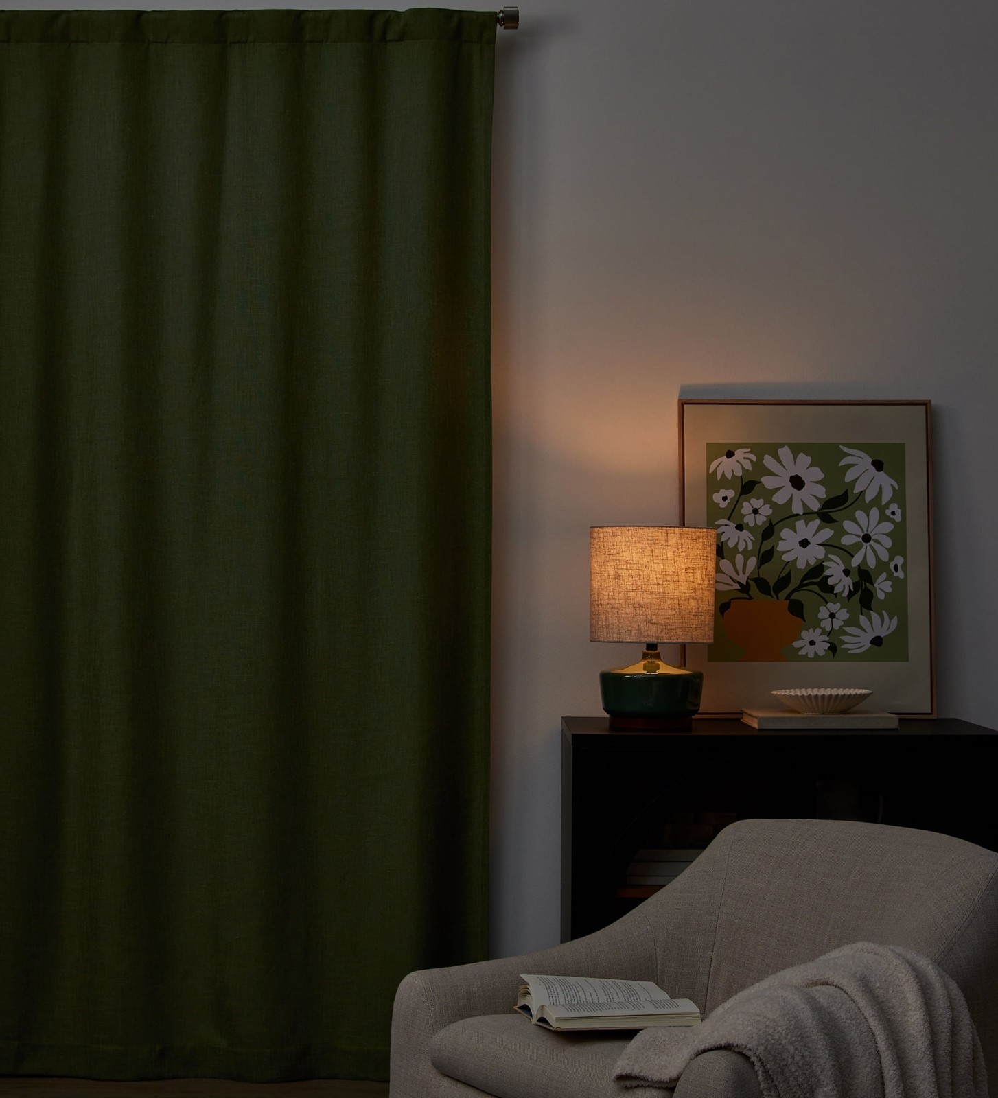 100 Percent Blackout Linen Blend Curtain Single Panel 50×95 Dark Cilantro Rod