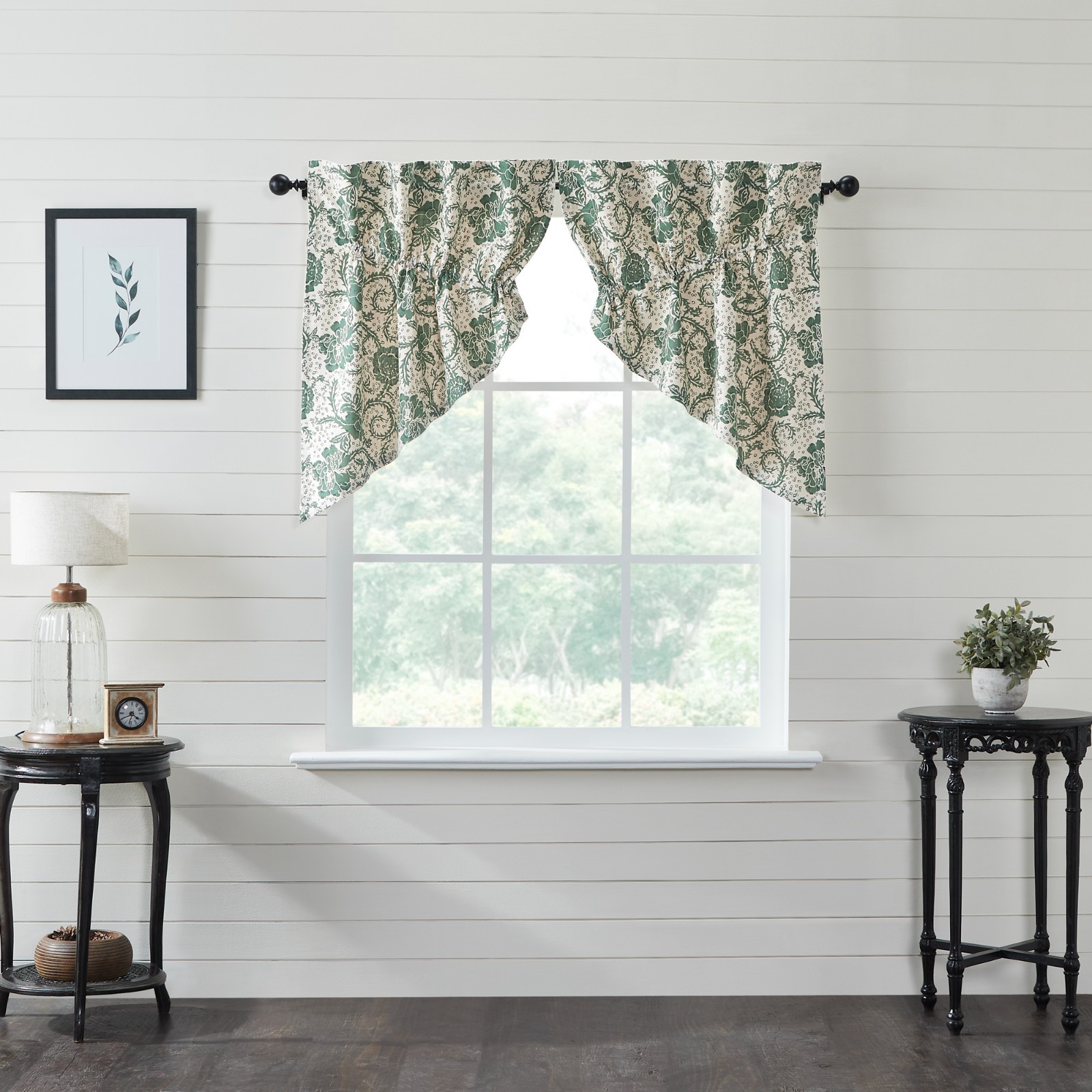Dorset Green Creme Floral Gathered Country Cottage Prairie Swags 72″ x 36″