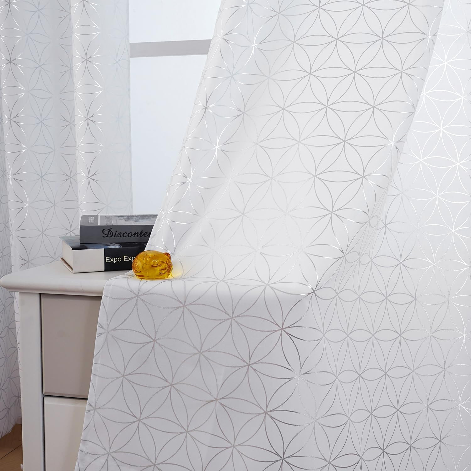 Exclusive Silver Linen Grommet Curtains, Unique Metallic Moroccan Tile Foil Prin