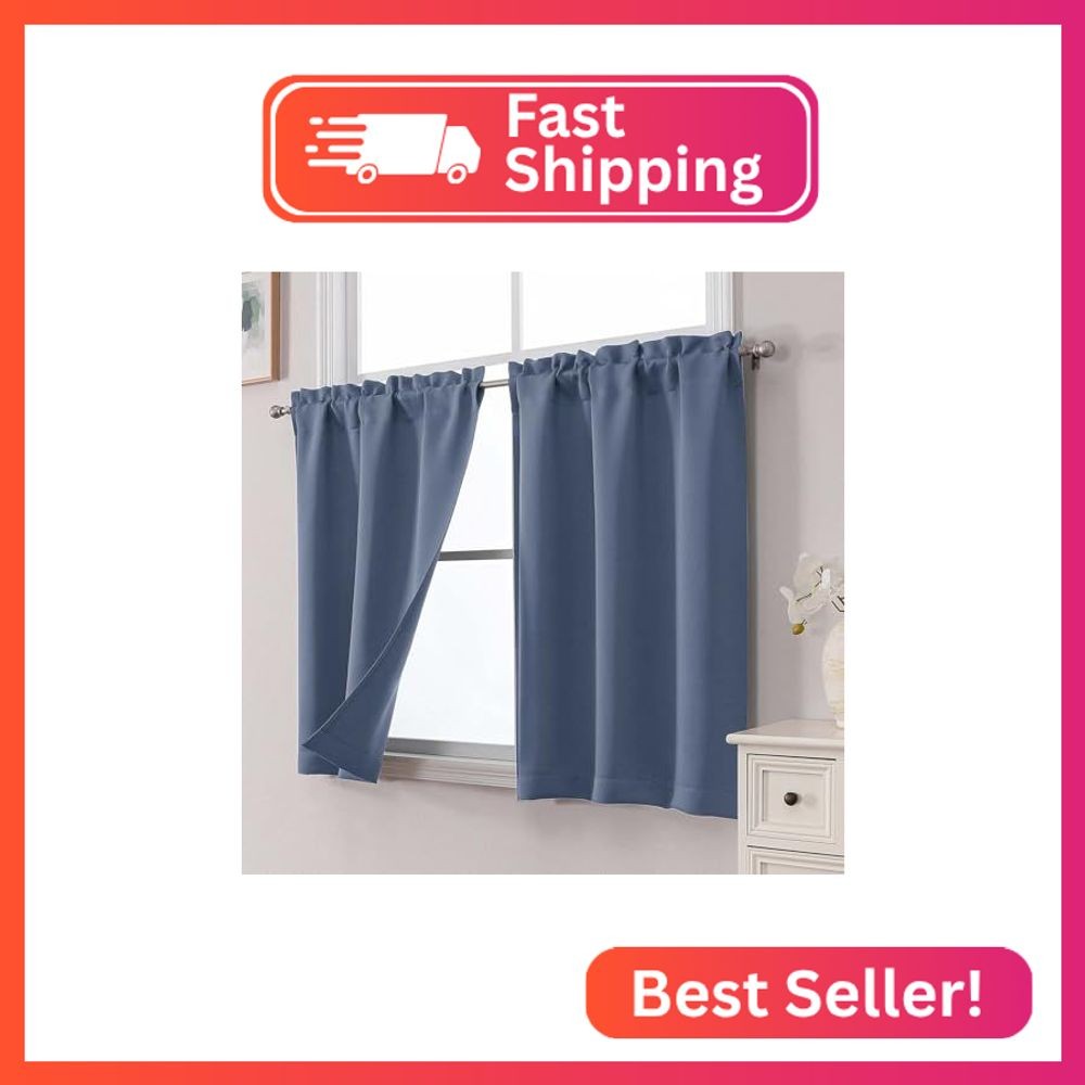 WelvetBLK Denim Cafe Curtains 24 Inch Length Tier 2 Panels Set, Soft Solid Therm