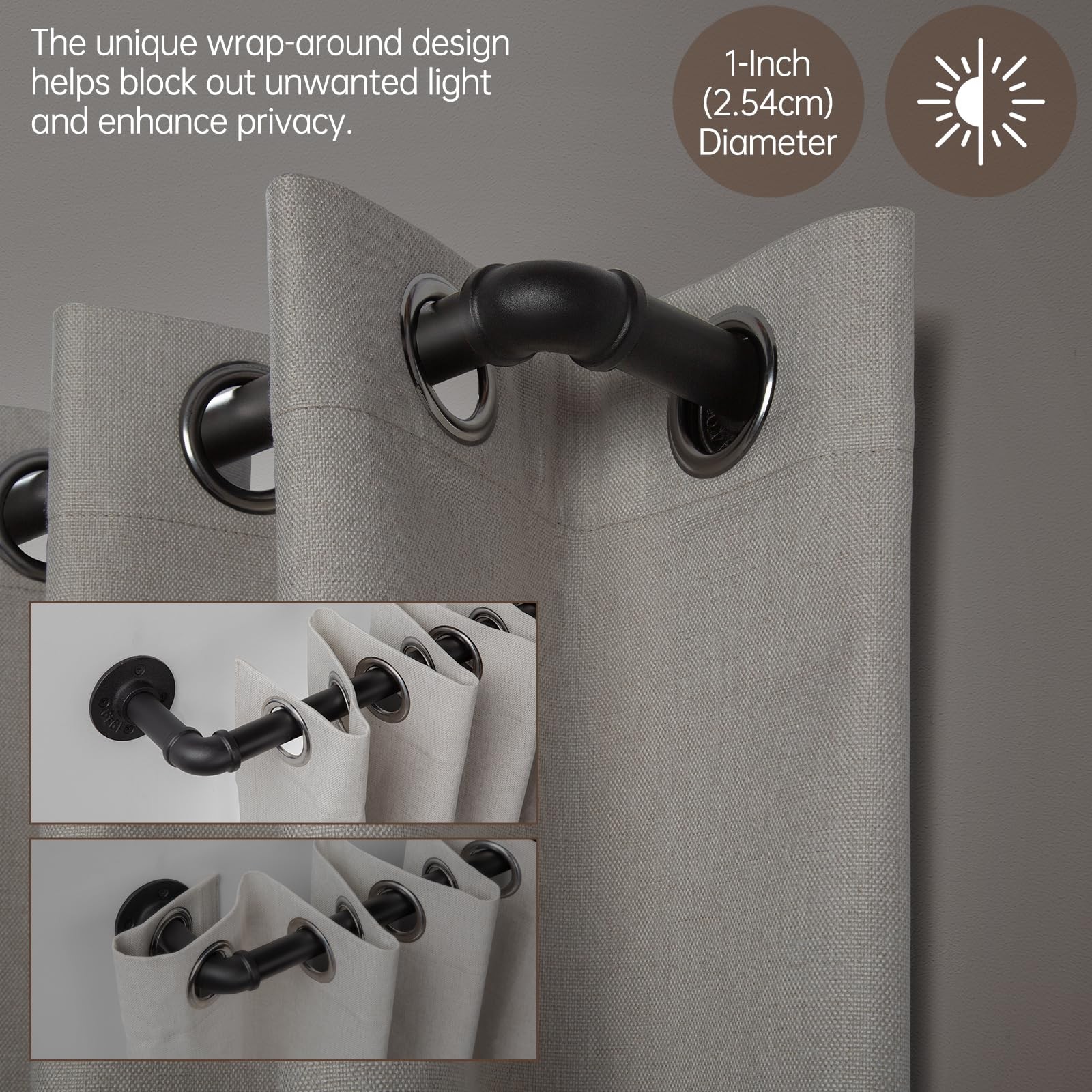 Zeerobee 66-120in Wrap Around Curtain Rod 1in Industrial Black Adjustable