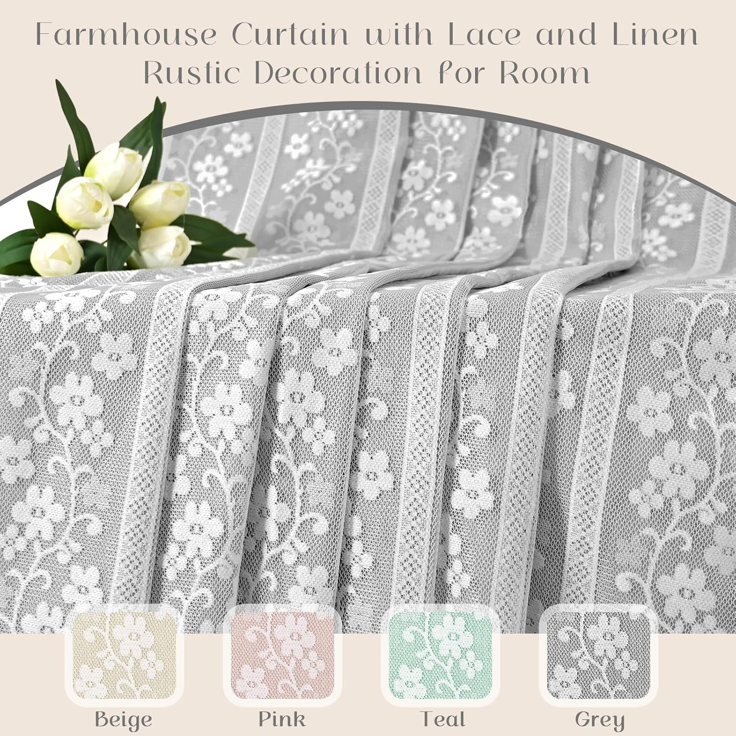 Linen Kitchen Curtains 36 Inch Length, Double Layered Window Curtain 2 Panel Set