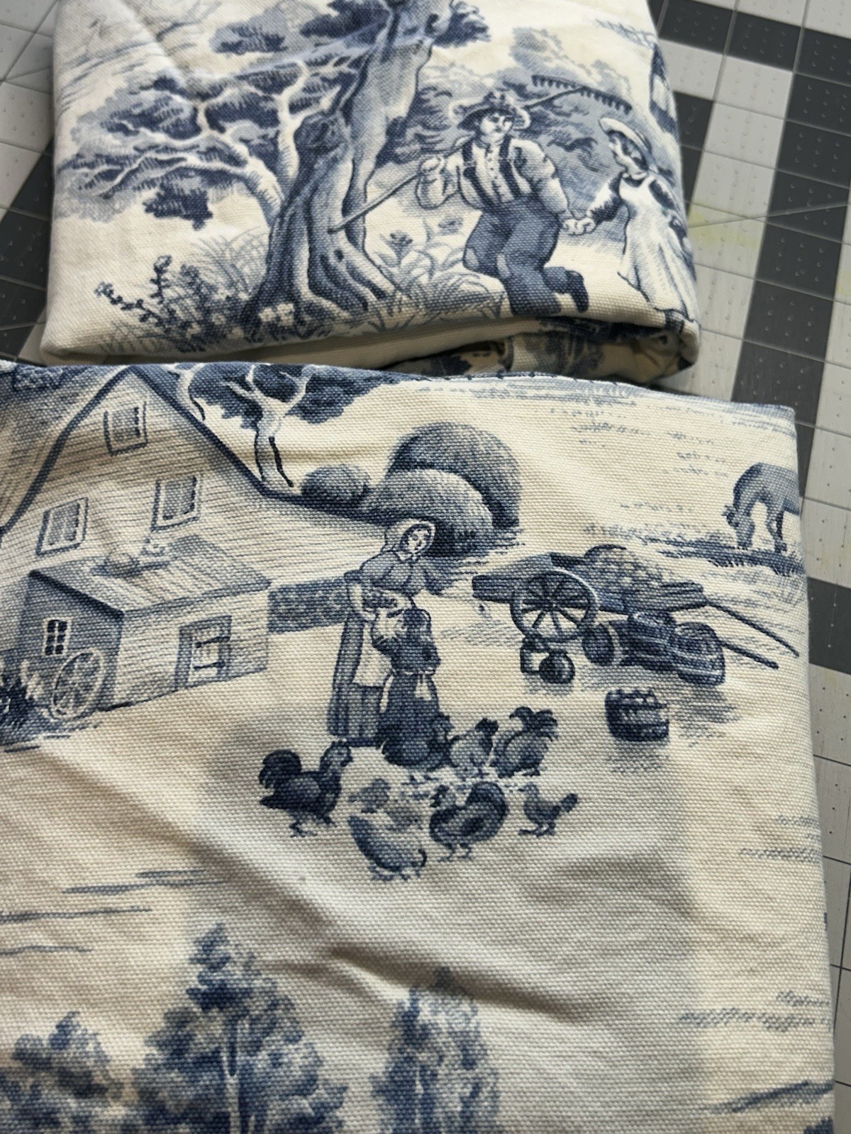 Blue White Farm Toile Fabric Curtains 2 Panels Farm house Country 49″ x 20″ L8