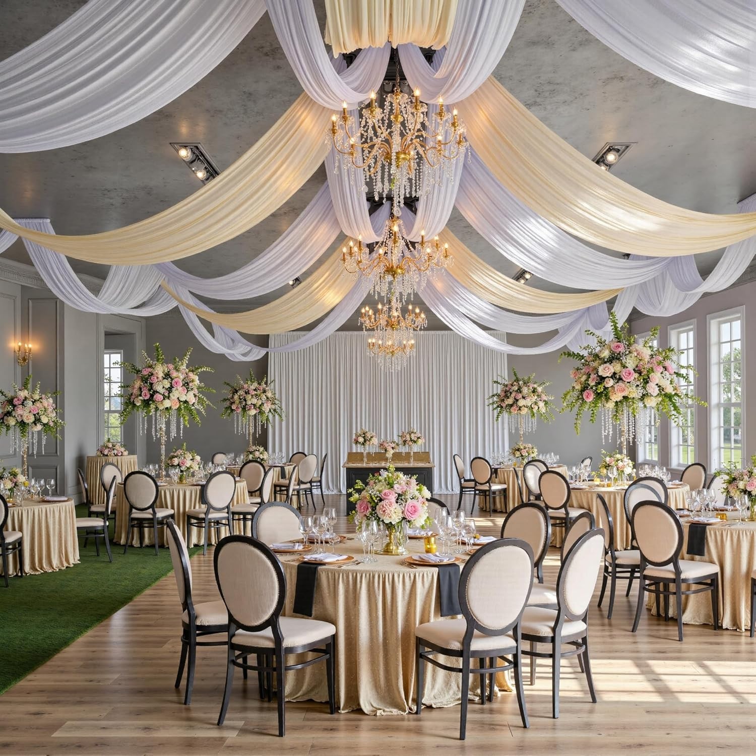 50ft×20ft White Ceiling Curtain Drapes for Weddings Parties, Wrinkle Free Polyes