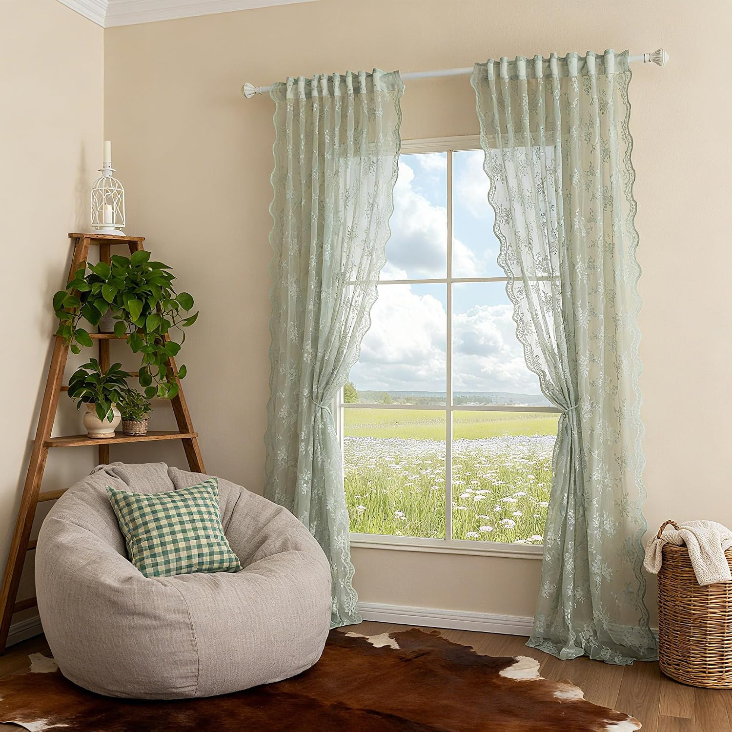 Lace Sheer Curtains 63 Inch Length Sage Green Spring Curtains Vintage Victorian