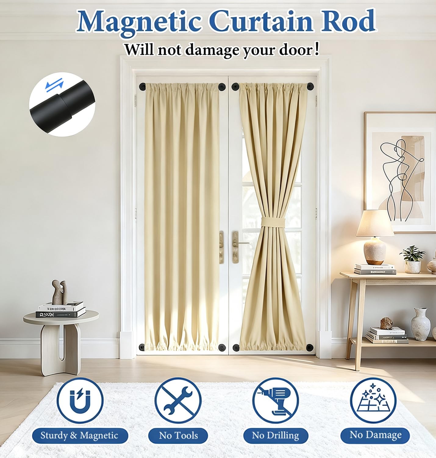 2PACK Magnetic Curtain Rod Adjustable 18 To 30 Inch For Metal Doors Black