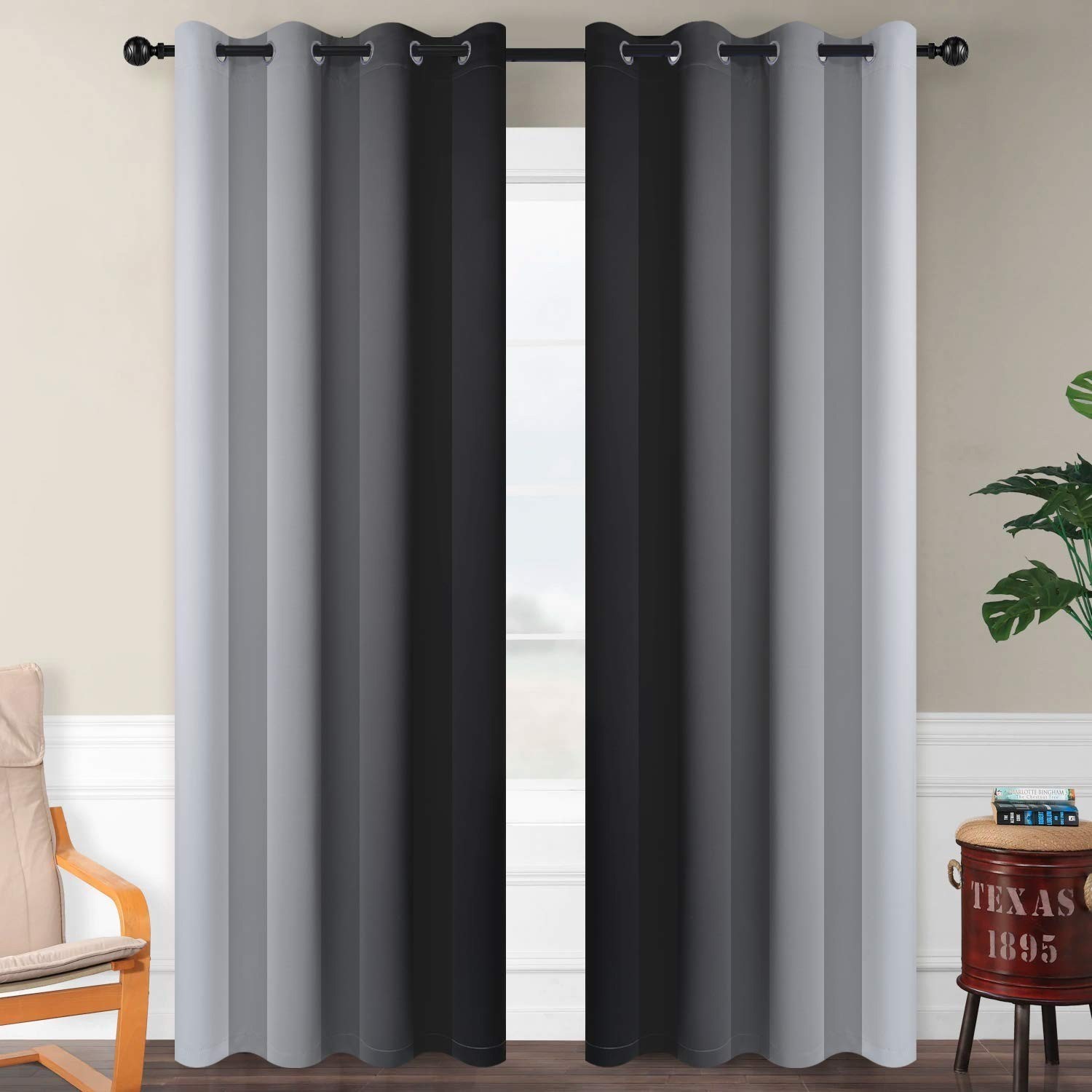 SimpleHome Ombre Room Darkening Curtains for Bedroom, Gradient Black to Grey Whi