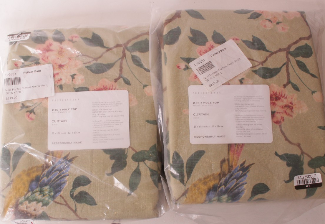 set/2 Pottery Barn Nola curtain panels, 50 x 108 green multi (bird floral)