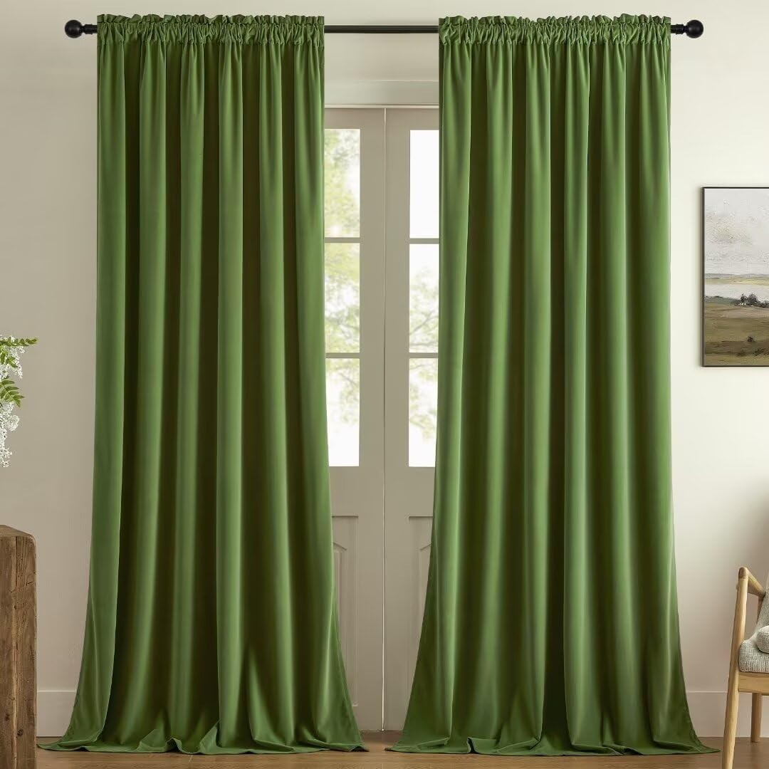 Olive Green Velvet Thermal Insulated Curtains | 2 Panels, 96 inch Length