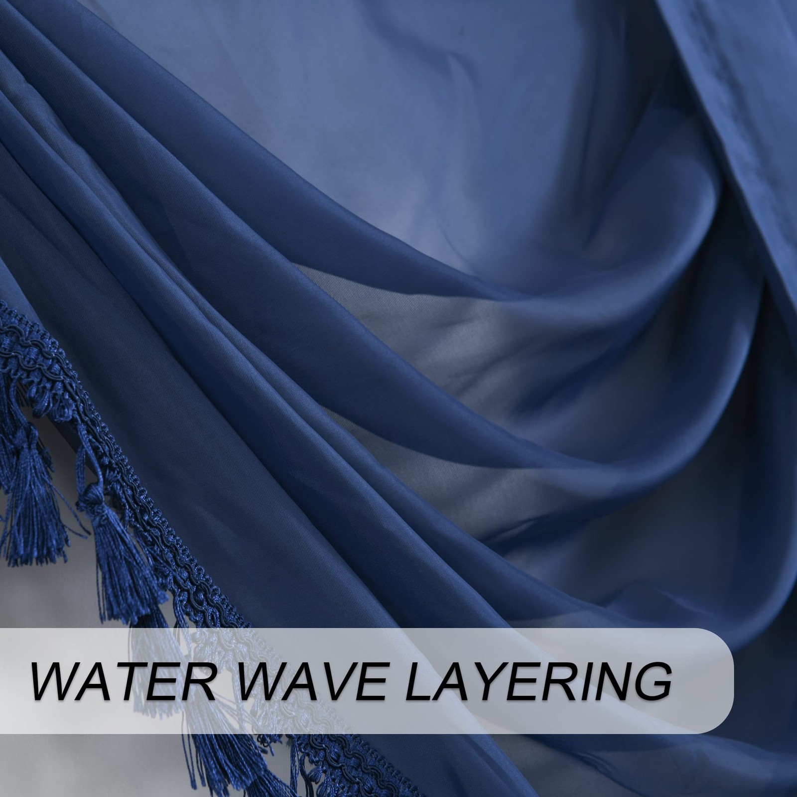 Oyring Navy Blue Waterfall Sheer Window Valances For Living Room Decor Tassels