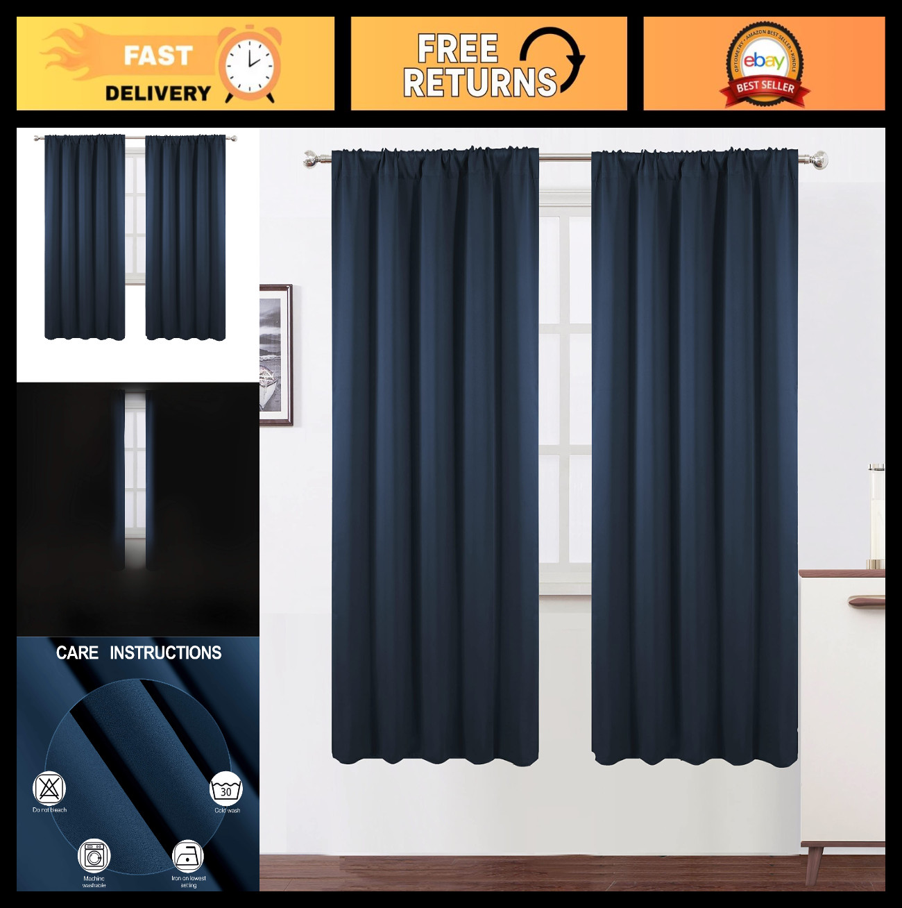 Navy Room Darkening Blackout Curtains 52×72 Inch – Set of 2 Panels for Bedroom