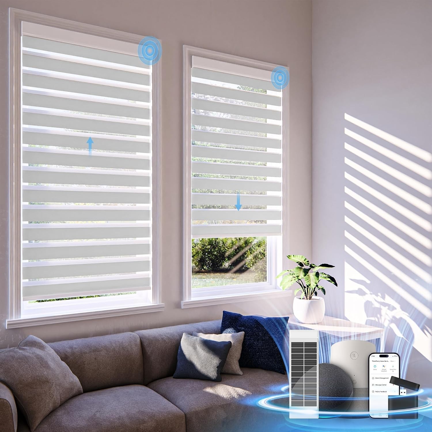 Motorized Zebra Blind with Remote — White 34″ × 72″