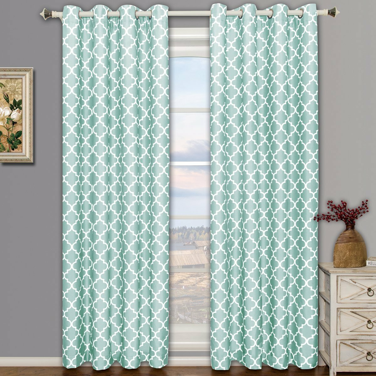 Set 2 Blue White Geo Lattice Curtains Panels Drapes 63 84 96 108 in L Darkening