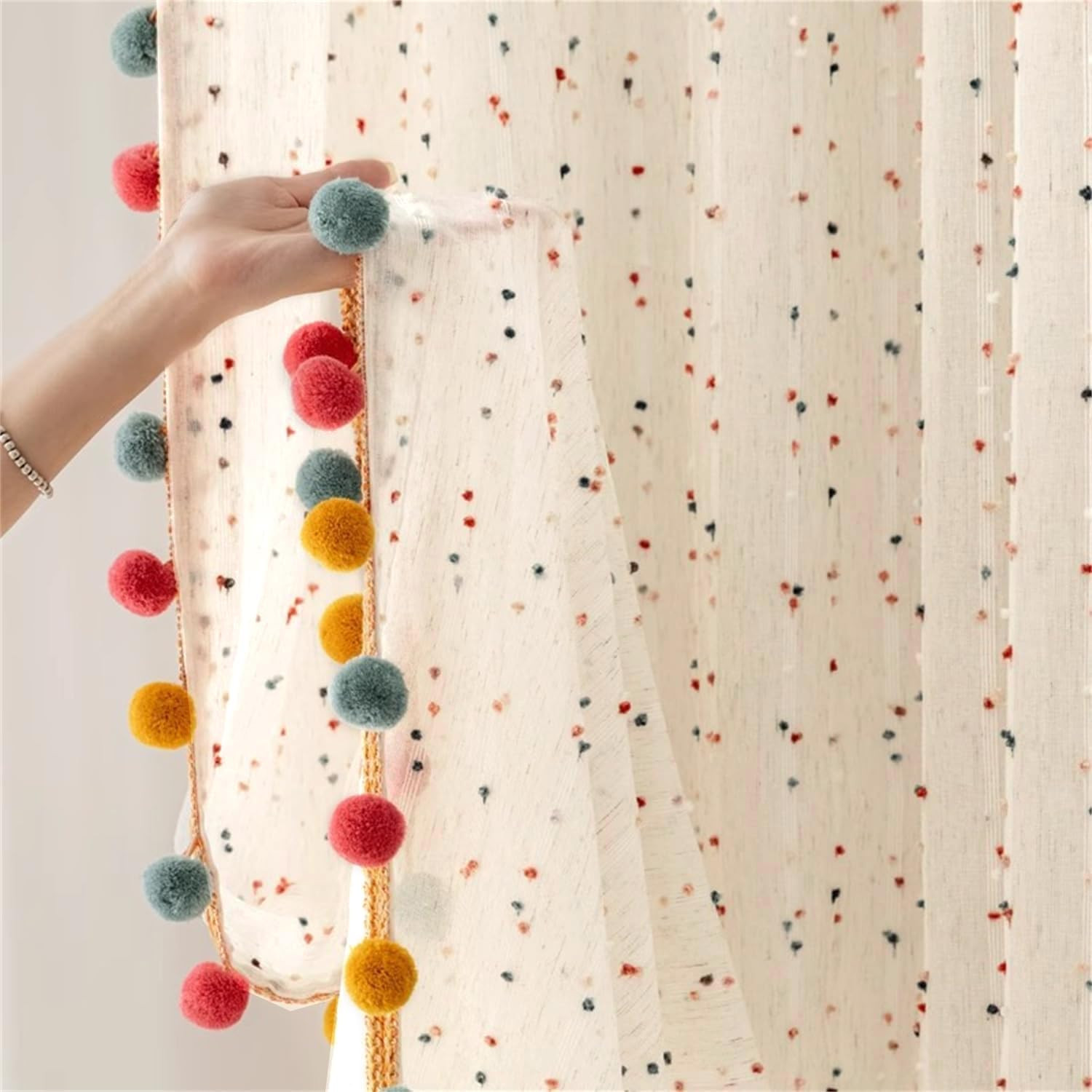 Boho Rainbow Sheer Curtain with Colorful Pom Pom Voile Drapes Light Filtering Fa