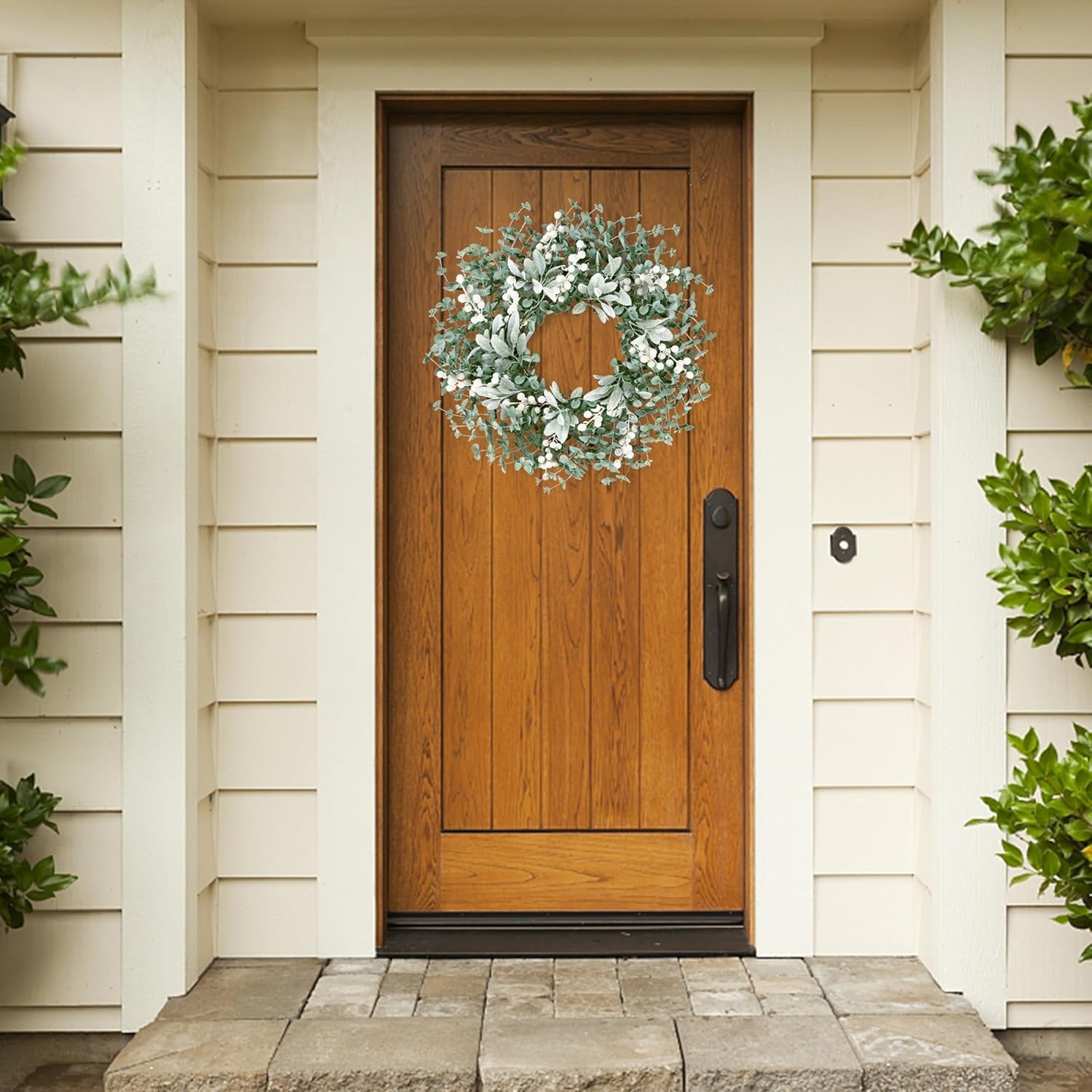 Sggvecsy Artificial Greenery Leaves Boxwood Wreath with White Berries – Green