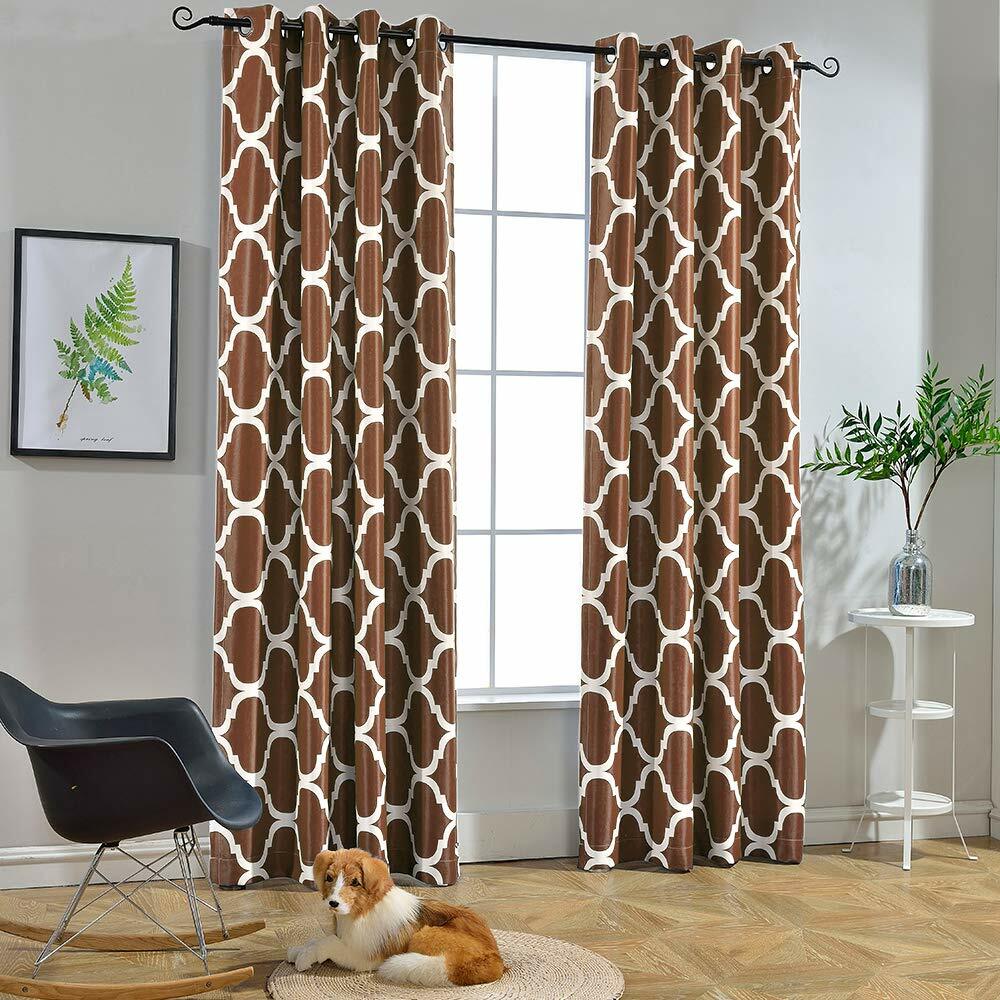 Set 2 Brown White Geo Trellis Curtains Panels Drapes 63 84 96 inch L Darkening