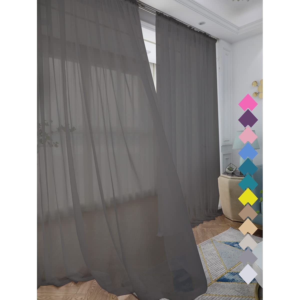 Dark Gray Sheer Curtains 130″ Long | 2 Panels for Bedroom, Living Room, Kitchen